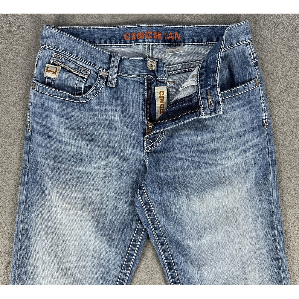 Cinch Jeans Mens 30x36 Blue Ian Slim Bootcut Light Stone Wash Distressed Cowboy